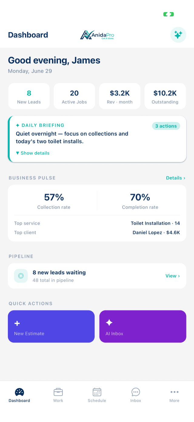 AnidaPro iPhone app dashboard
